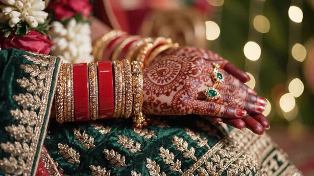 Traditional hand with intricate henna mehndi design adorned by golden bangles and emerald rings representing cultural celebration and festive occasion