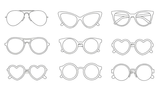 Collection of various outlined sunglasses, featuring diverse styles like aviator, cat-eye, round, and heart-shaped designs, suitable for fashion concepts.