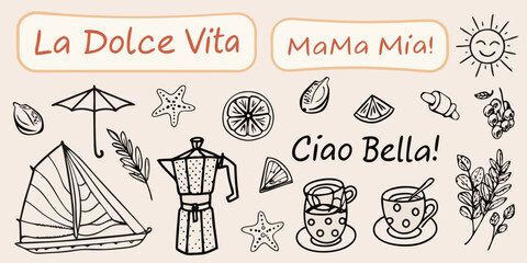 Italian themed doodles with text including la dolce vita and mama mia © KumariKamona