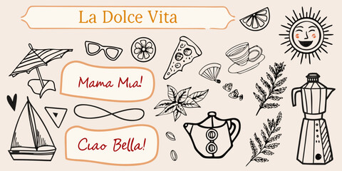 Italian summer themed doodles with text and decorative elements © KumariKamona