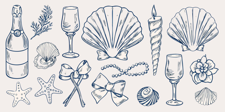 A collection of hand drawn coastal elements including shells and champagne