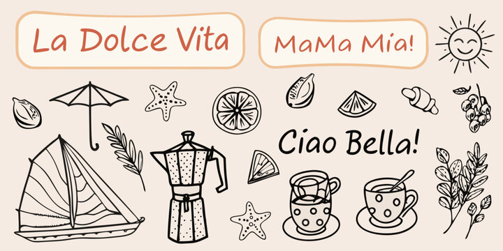 Italian themed doodles with text including la dolce vita and mama mia