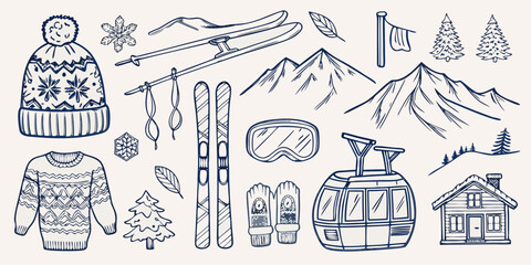 Winter themed sketch featuring ski equipment clothing and mountain scenery © KumariKamona