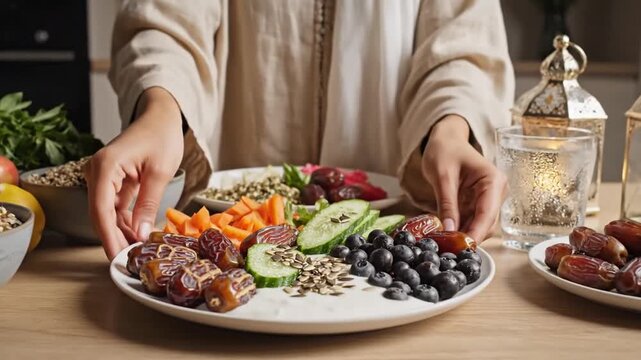 Healthy and colorful Iftar meal preparation with dates, blueberries, and vegetables