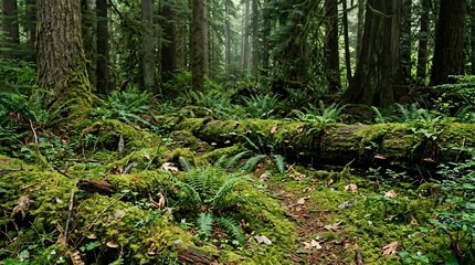 Lush Green Forest Floor with Mossy Fallen Log and Ferns.