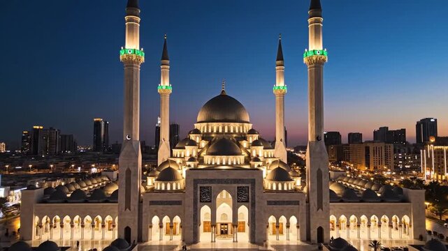 Grand mosque at dusk showcasing stunning architecture and urban skyline backdrop