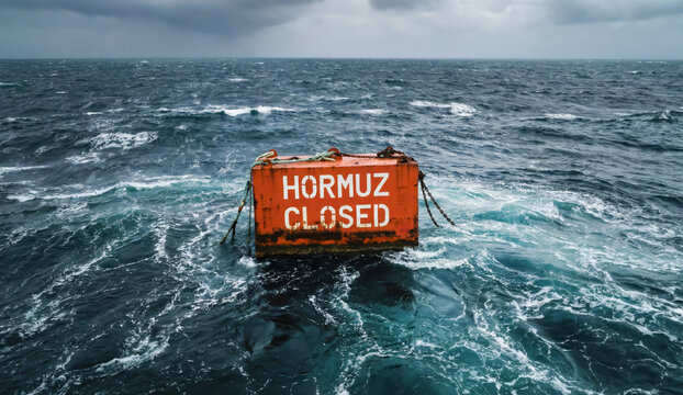 Sign floating in water indicates Hormuz Strait is closed during a stormy weather event
