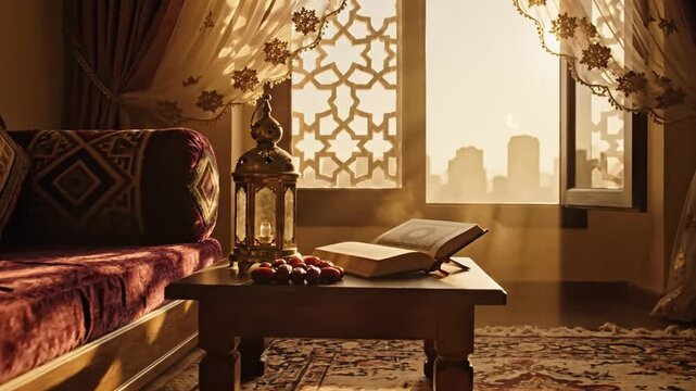 Cozy Ramadan atmosphere with traditional decor, book and city view