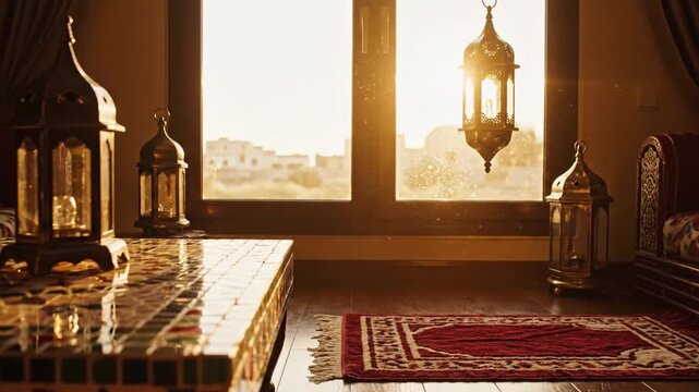 Warm golden hour light in a Moroccan inspired room with prayer rug