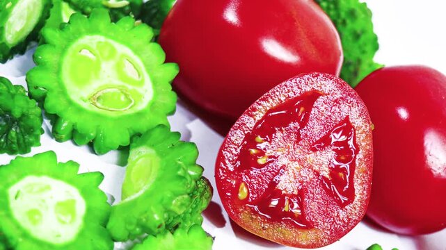 Close up motion video footage of vibrant red ripe tomatoes and bright green sliced bitter melon arranged together on white background