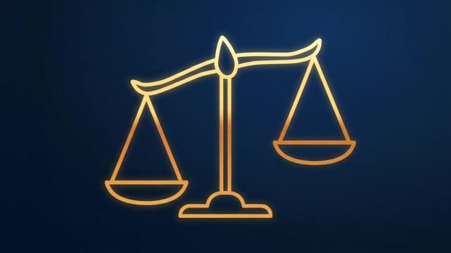 Gold outline of balanced scales on a dark blue background symbolizing justice, law, and balance in decisions