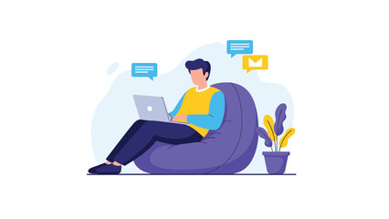 Relaxed man working comfortably on a laptop while seated on a bean bag chair, symbolizing flexible remote work, freelancing, and digital nomad lifestyle.