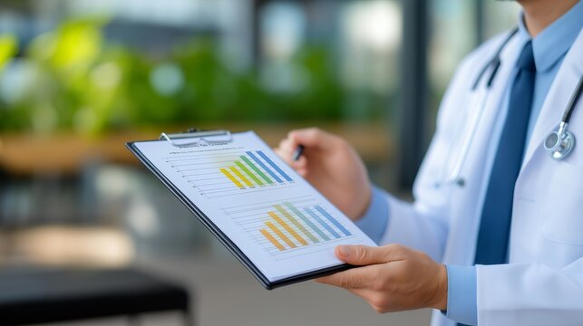 Pulmonologist reviewing lung capacity test results with long covid patient showing improvement charts over months, ideal for respiratory recovery breathing function post viral, and modern