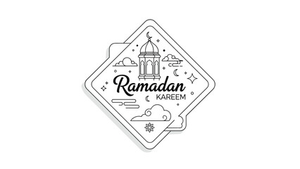 Stylized Ramadan Kareem badge featuring a traditional Islamic lantern, crescent moon, and stars within a diamond shape, for festive greetings.