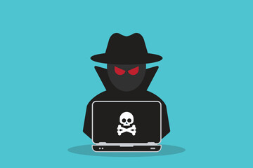 Cybersecurity Hacker Attack Concept &ndash; Anonymous Cyber Criminal with Laptop and Malware Skull Icon, Internet Security Threat, Data Breach, Phishing and Hacking Vector Illustration