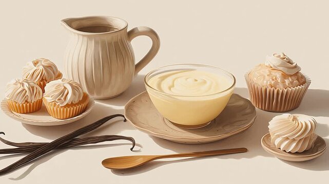 Vanilla sweet food scene, vanilla beans beside homemade vanilla custard and light pastries, warm neutral color palette, elegant plating, soft shadows, refined culinary article illustration