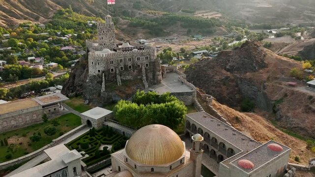 Cinematic aerial drone footage of Rabati Castle, a historic fortress complex located in Akhaltsikhe, Georgia.