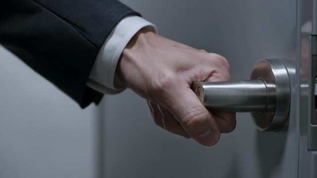 Business Person Tries to Open Locked Office Door Handle