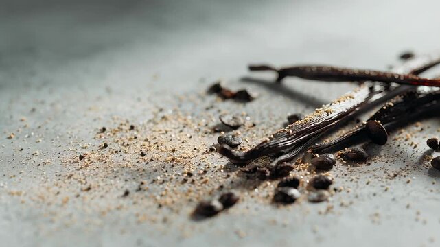 Vanilla beans spice usage in cooking, close-up of vanilla pods with fine seeds sprinkled, elegant kitchen surface, calm lighting, premium food storytelling style, uncluttered editorial composition