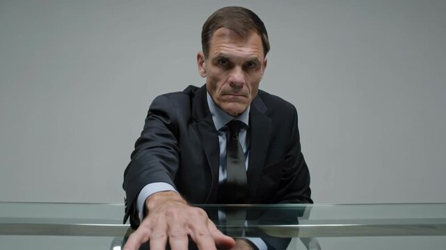 Stern Businessman Pushes Folder Towards Camera