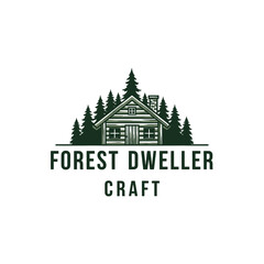 Obraz premium Forest Dweller Craft Logo - Cabin in the Woods with Pine Trees.