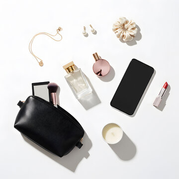 perfume accessories cosmetics and phone on white