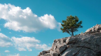 Fototapeta premium Lonely tree standing on top of a rocky cliff against a bright blue sky with clouds. Concept of resilience, perseverance and endurance in nature. Peaceful landscape and outdoor scenery.