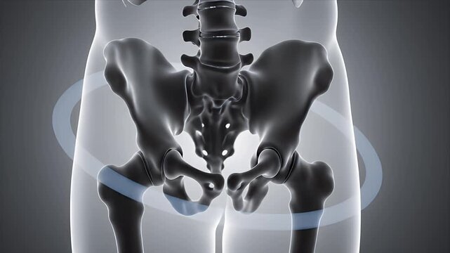 Monochrome Skeleton Lower Body Pelvis and Spine Medical Animation with Subtle White Glow and Lens Flare
