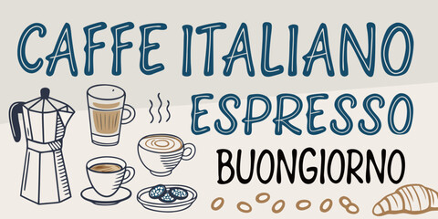 Italian coffee illustration featuring espresso moka pot and morning greetings © Dilip