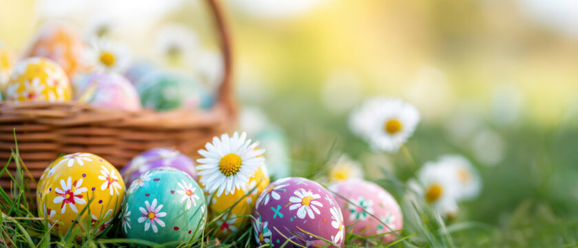 Colorful Hand Painted Easter Eggs with Floral Patterns in Wicker Basket on Green Grass with Daisies