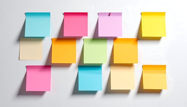 Colorful sticky notes on a white wall, perfect for reminders and organization.