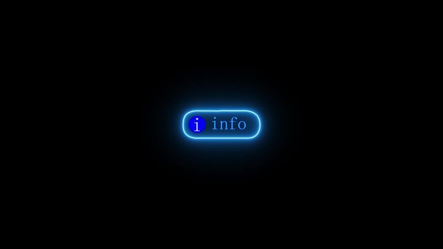Neon info button glowing on black background, loop animation, abstract light sign motion graphic