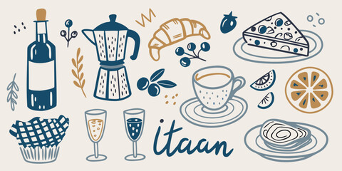 A colorful illustration depicting various breakfast and dessert items