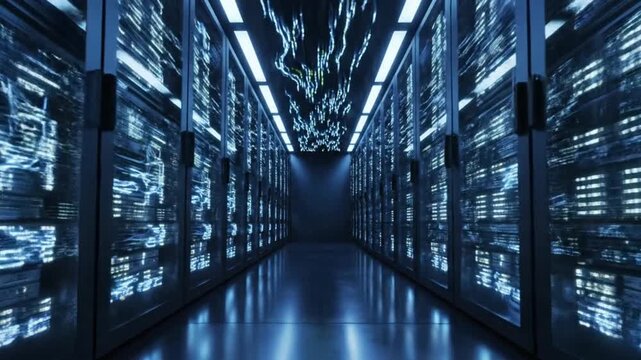 Data Center Server Room with LED Lights.