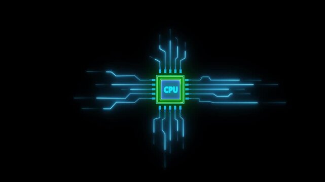 Glowing computer cpu chip processor circuit board with blue neon light lines on black background
