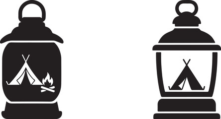 Two black and white depictions of camping lanterns with tent imagery © ShahinSha