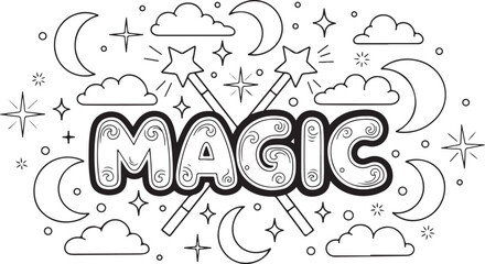 A whimsical black and white illustration featuring the word magic © ShahinSha