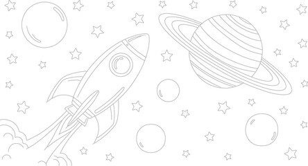 A dotted line illustration of a rocket planets and stars in space © ShahinSha