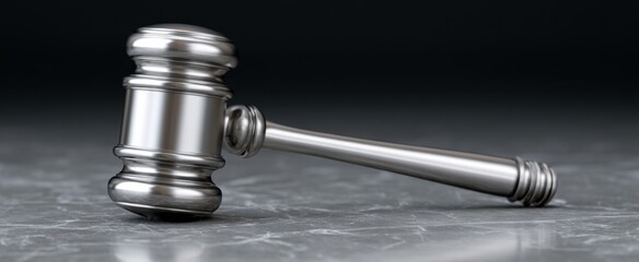 Obraz premium A gleaming metal judges hammer representing authority and justice on a sleek courtroom bench