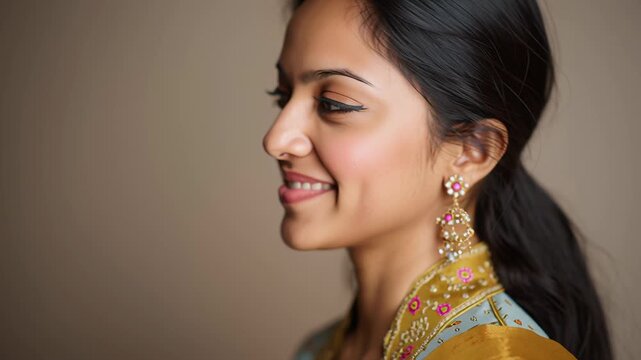 Indian woman portrait highlighting cultural identity, gentle smile, neutral background, corporate editorial style, Warm smile graces her face, eyes softly engaging. Elegant earrings gleam