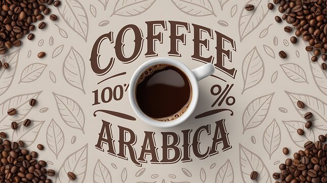 100% Arabica coffee cup surrounded by coffee beans
