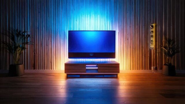 Modern living room with floating TV and wooden accent wall