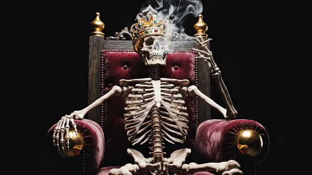 Skeleton King Sitting on Throne with Crown.