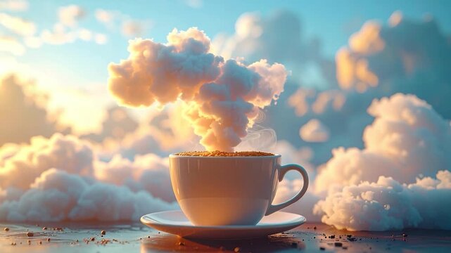 A coffee cup with a cloud-shaped steam against a cloudy sky