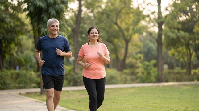 indian senior couple jogging side by side in park showing active retirement healthy lifestyle and outdoor exercise concept