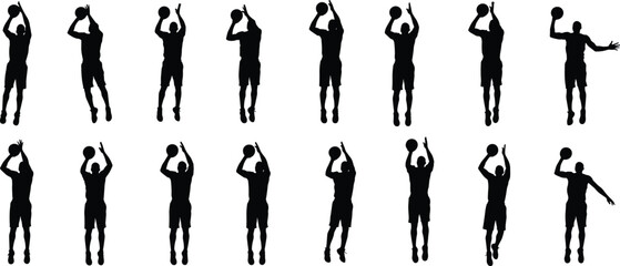 Basketball player shooting silhouettes collection, athlete jump shot poses set, sports action figure vector illustration isolated, professional basketball movement sequence for training design © Mahadi's World