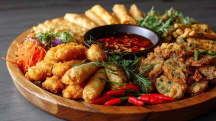 Fototapeta premium Assorted fried asian snacks on wooden platter with sauce. Crispy spring roll and vegetable tempura served with hot chili dip. Appetizer for oriental dinner and traditional asian party.