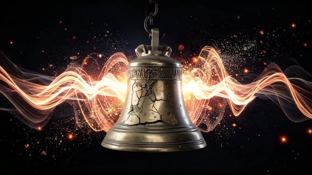 A cracked bell suspended amid fiery waves and sparks