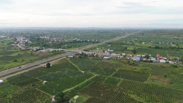 Drone aerial view of rural countryside with agricultural fields, small houses and road across farmland