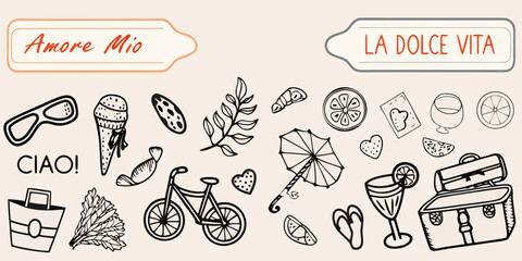 Italian themed doodles featuring travel items food and decorative elements © Aduri